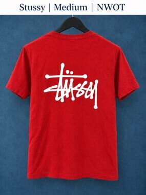 Stussy Basic Stock Logo Tee Medium Red White NWOT